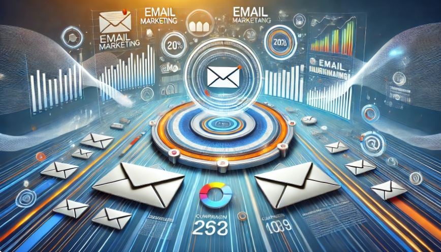 A wide-angle illustration of a vibrant email marketing concept. The scene features a central digital dashboard displaying email analytics and campaign performance, surrounded by envelopes, personalized messages, and icons representing data and automation. The backdrop has a sleek modern design with abstract waves and glowing elements, conveying a sense of technology and connectivity. The color scheme includes shades of blue, white, and gold, symbolizing trust and innovation.