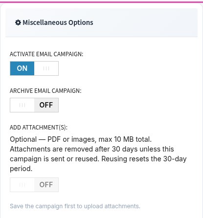 Miscellaneous Options in a BulkResponse campaign showing Add attachment(s): optional PDF or images, max 10 MB total, with an on/off toggle