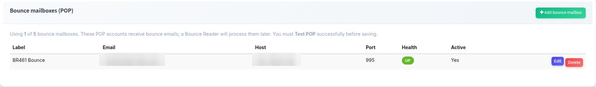 Bounce settings tab in BulkResponse showing one POP bounce mailbox with label, port 995, health and active status