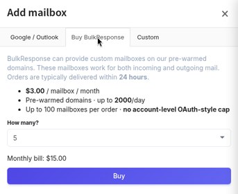 Add mailbox panel, Buy BulkResponse tab: $3.00 per mailbox per month, pre-warmed domains, up to 2,000 a day, up to 100 per order, with quantity and monthly bill