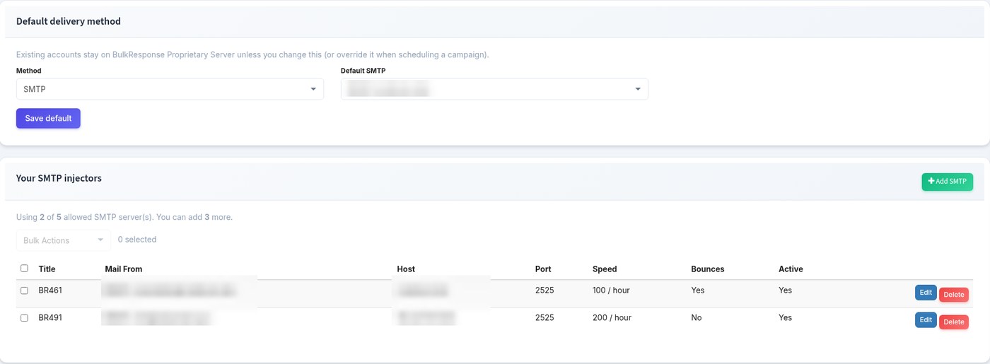 Delivery & SMTP tab in BulkResponse: default delivery method set to SMTP with a default server, and a list of SMTP injectors with port, speed and bounce settings
