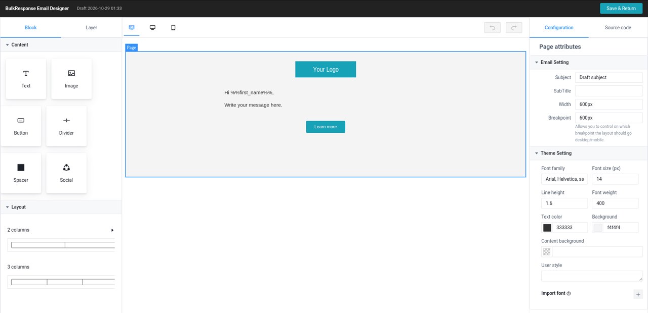 BulkResponse Email Designer: drag-and-drop blocks (text, image, button, divider, spacer, social, columns), canvas and page attributes panel