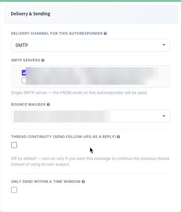 Autoresponder Delivery & Sending settings in BulkResponse: delivery channel SMTP, SMTP server selection, bounce mailbox, thread continuity and send-within-a-time-window options