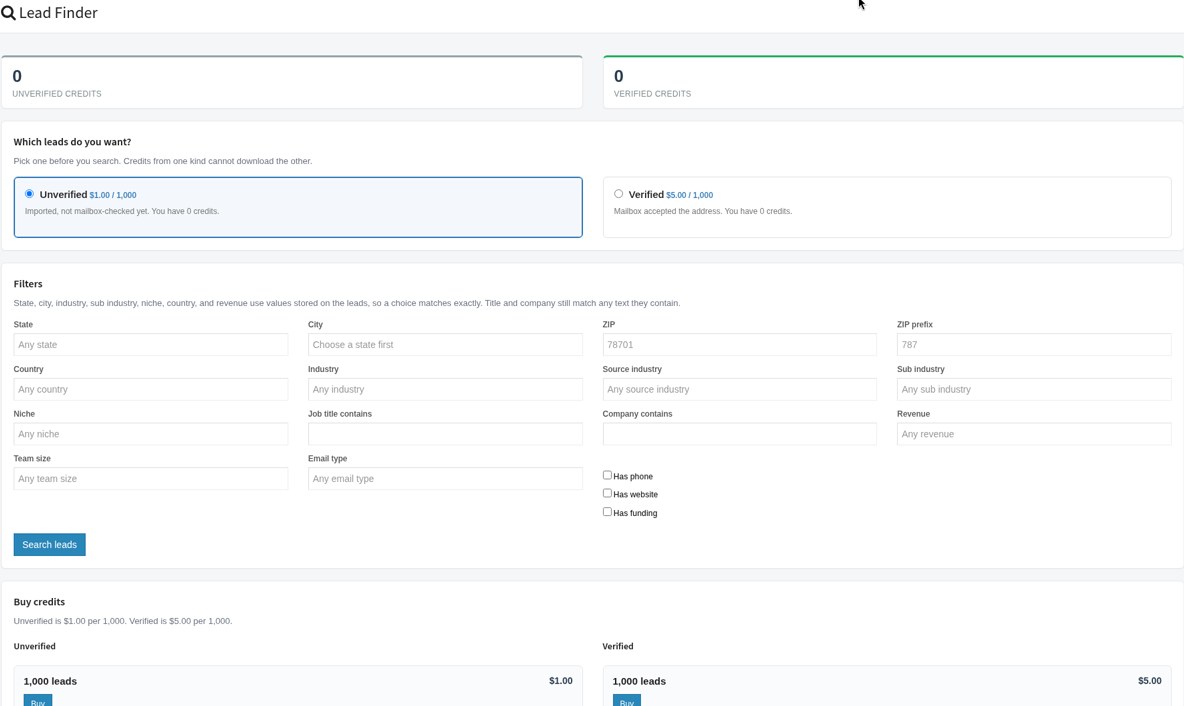 BulkResponse Lead Finder: unverified ($1.00 per 1,000) or verified ($5.00 per 1,000) leads, filters for location, industry, job title, company, revenue, team size, and has phone, website or funding