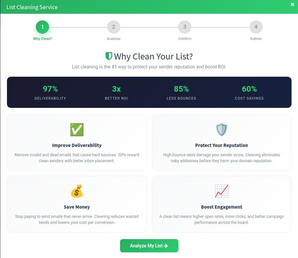 BulkResponse List Cleaning Service wizard, step 1 of 4 (Why Clean, Analysis, Confirm, Submit), opened from a list's Clean button