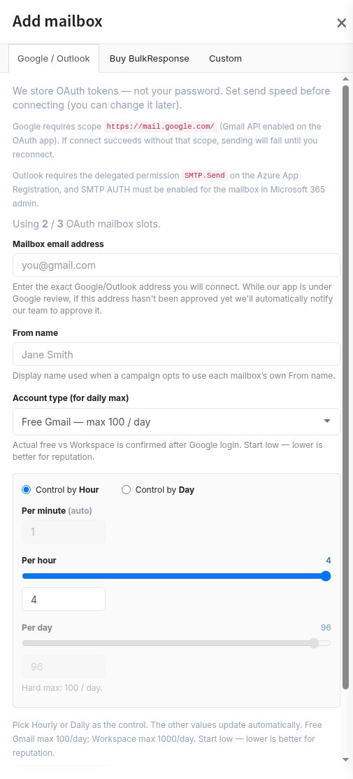 Add mailbox panel in BulkResponse, Google / Outlook tab: OAuth connection, From name, account type (Free Gmail max 100/day) and per-hour or per-day speed controls