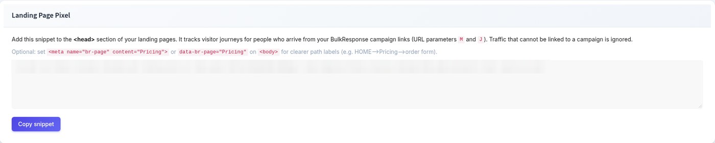 Landing Page Pixel tab in BulkResponse with instructions and the tracking snippet to paste into the head of your landing pages
