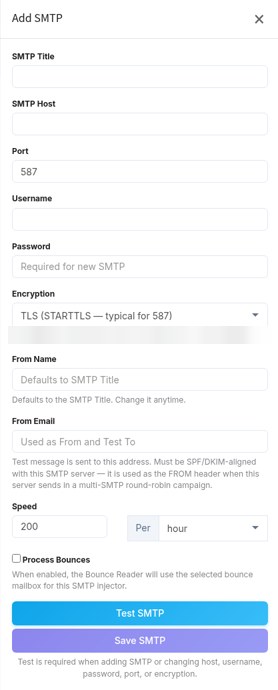 Add SMTP panel in BulkResponse with title, host, port, username, password, encryption, From name and email, speed limit, bounce processing and a Test SMTP button